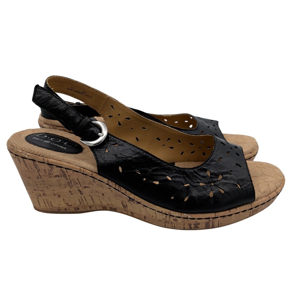 b.o.c. Born‎ Concept Womens Black Leather Laser Cut Cork Wedge Sandals C68003 11